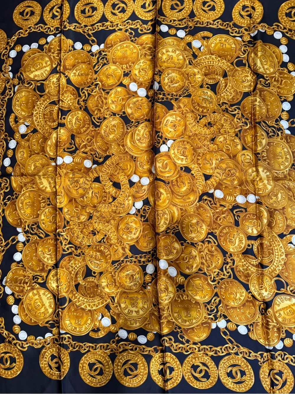 Chanel Navy & Gold Coin Print Silk Scarf